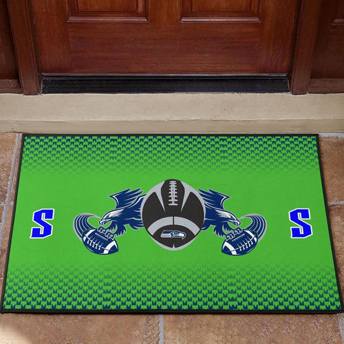 American Football Team Door Mat - Seattle Seahawks With Wings Rugby Balls Green Door Mat Home Decor