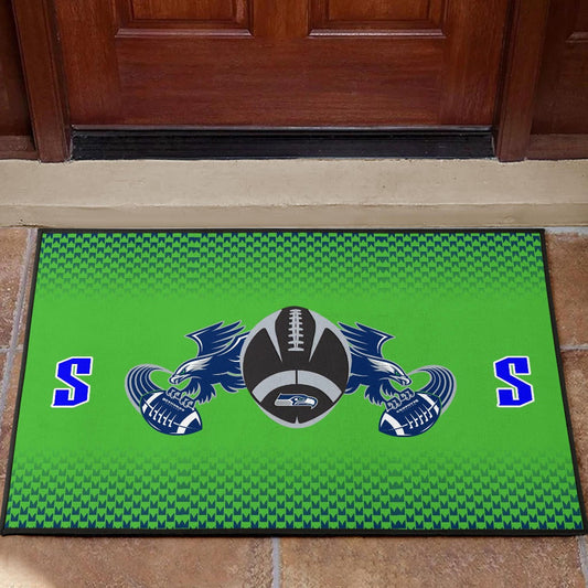 American Football Team Door Mat - Seattle Seahawks With Wings Rugby Balls Green Door Mat Home Decor