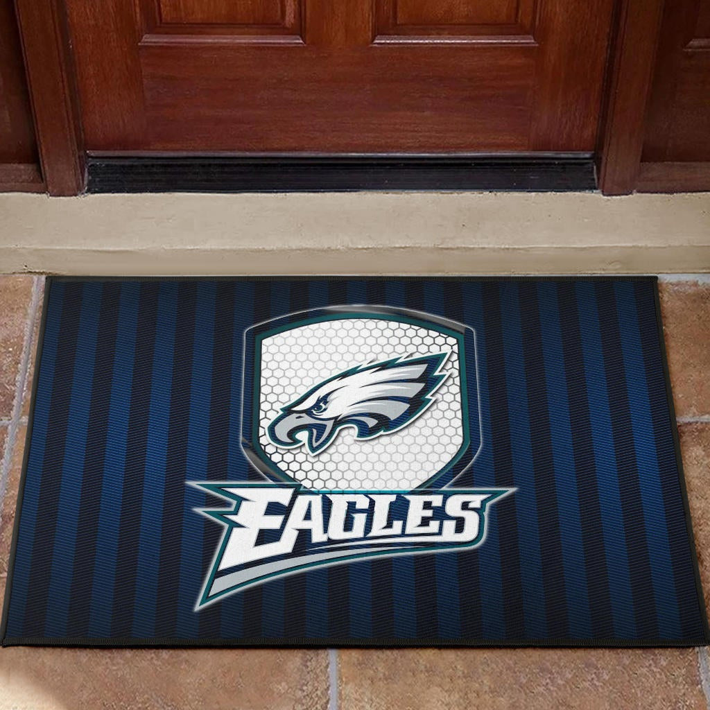 Philadelphia Eagles American Football Team Door Mat Eagle Head On The Shield Black And Blue Lines Door Mat Home Decor