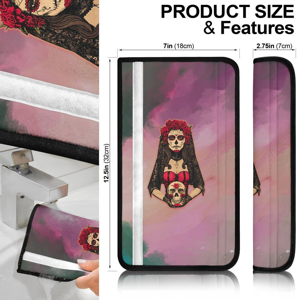 Valentine Seat Belt Covers - Roses Mandala Bride With Skull Love Belt Covers