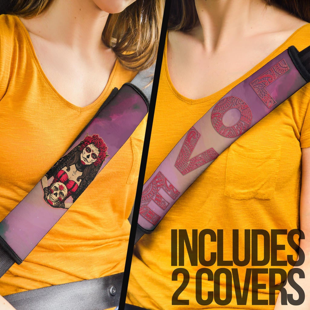 Valentine Seat Belt Covers - Roses Mandala Bride With Skull Love Belt Covers