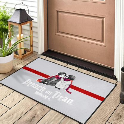 Attack On Titan Anime Door Mat - Chibi Mikasa And Eren Couple Love Wearing Red Scarf Door Mat Home Decor