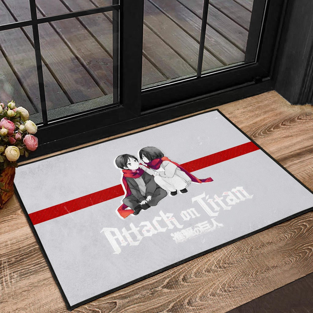 Attack On Titan Anime Door Mat - Chibi Mikasa And Eren Couple Love Wearing Red Scarf Door Mat Home Decor