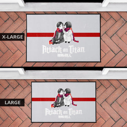 Attack On Titan Anime Door Mat - Chibi Mikasa And Eren Couple Love Wearing Red Scarf Door Mat Home Decor