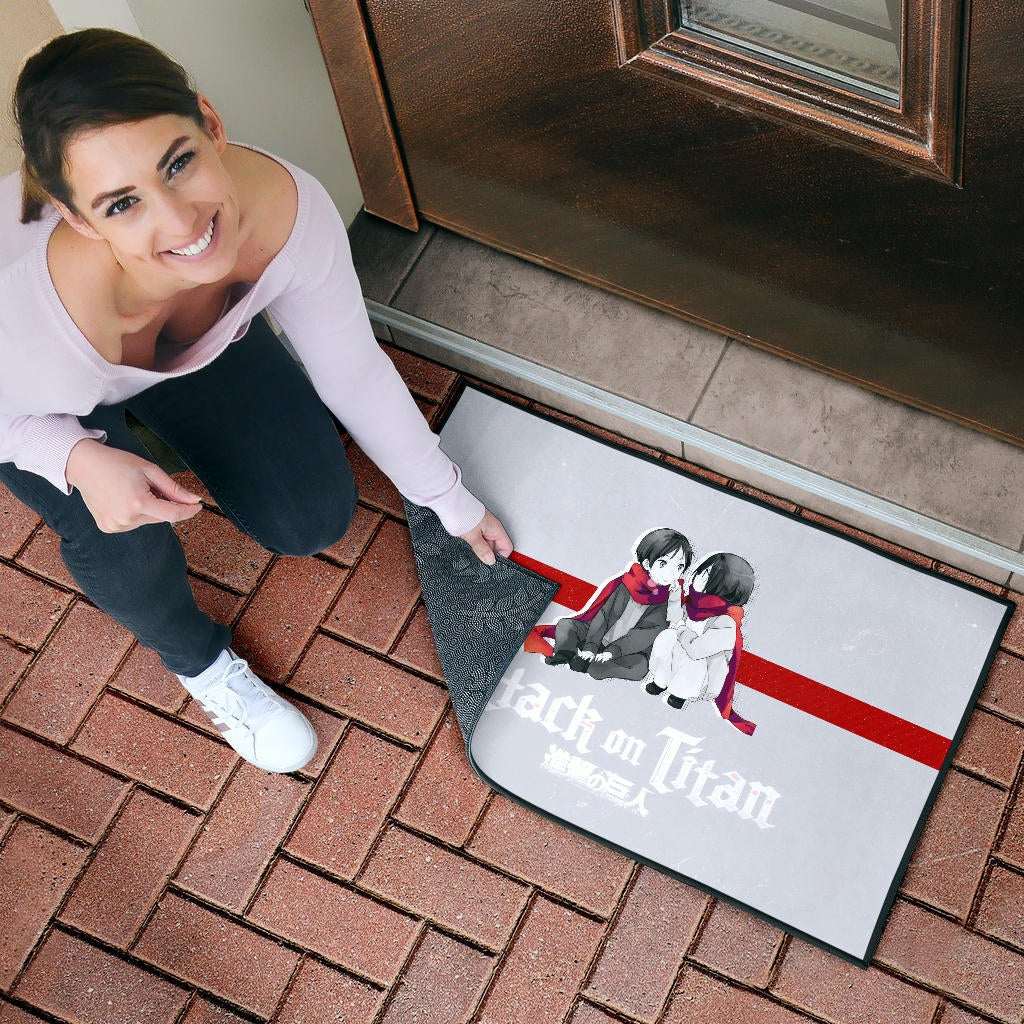Attack On Titan Anime Door Mat - Chibi Mikasa And Eren Couple Love Wearing Red Scarf Door Mat Home Decor
