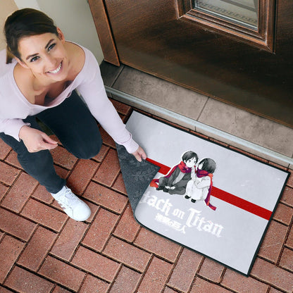 Attack On Titan Anime Door Mat - Chibi Mikasa And Eren Couple Love Wearing Red Scarf Door Mat Home Decor