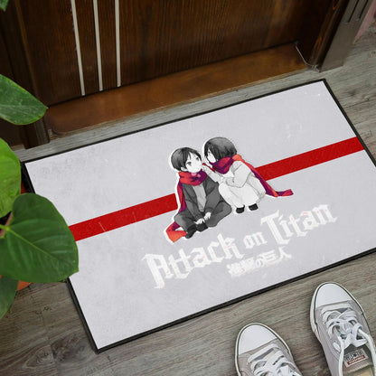 Attack On Titan Anime Door Mat - Chibi Mikasa And Eren Couple Love Wearing Red Scarf Door Mat Home Decor