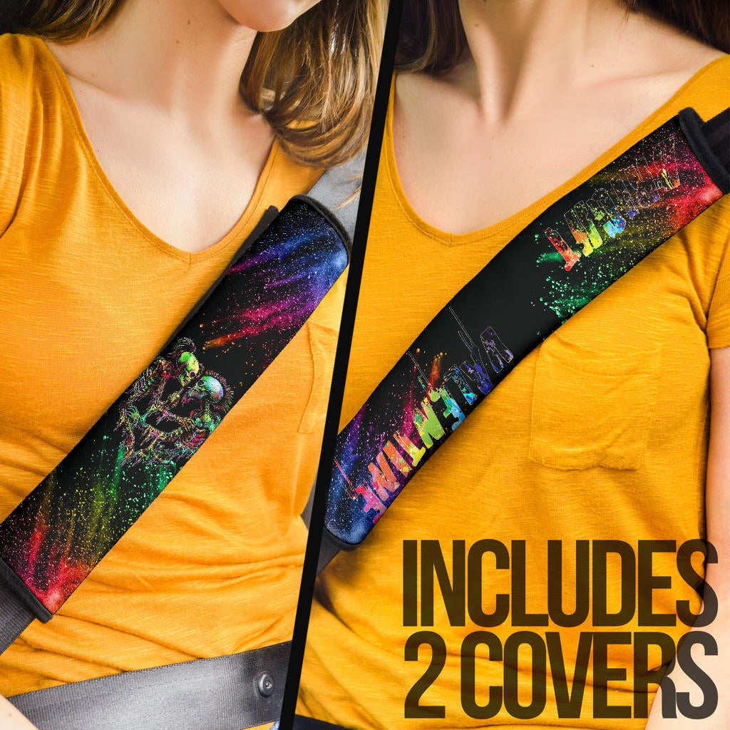 Valentine Seat Belt Covers - Skeleton Couple Colorful Rainbow Bright Smoke Belt Covers