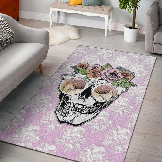 Valentine Area Rug - Skull Wearing Glasses And Flowers Crown Pink Rugs Home Decor