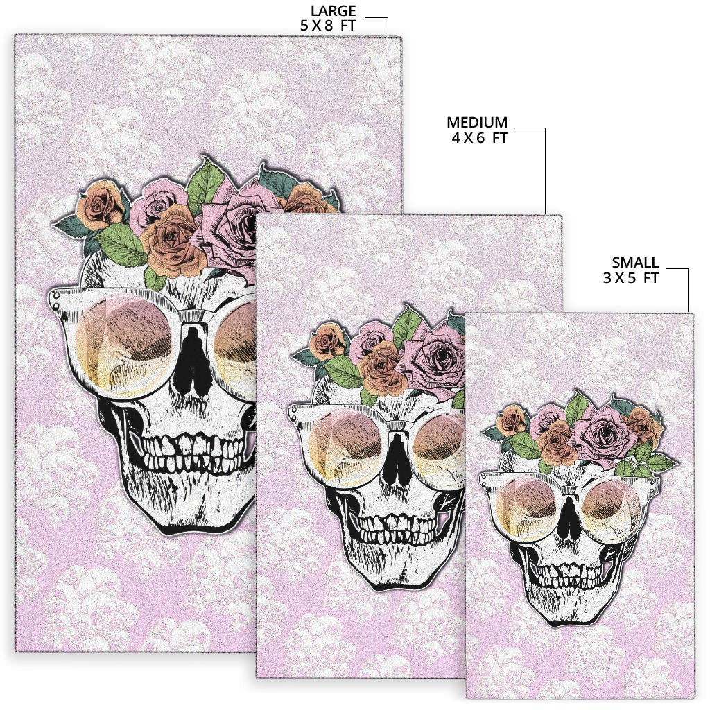 Valentine Area Rug - Skull Wearing Glasses And Flowers Crown Pink Rugs Home Decor