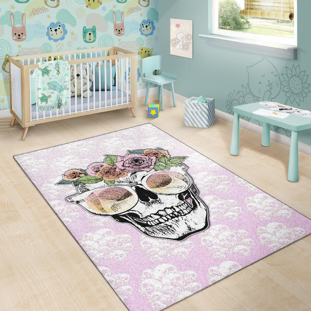 Valentine Area Rug - Skull Wearing Glasses And Flowers Crown Pink Rugs Home Decor