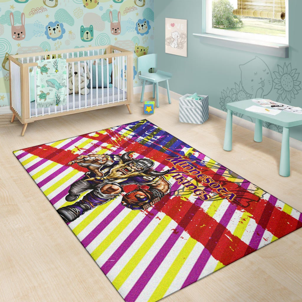 Minnesota Vikings American Football Team Area Rug Giant Viking Holding Rugby Running On Painting Flag Rugs Home Decor