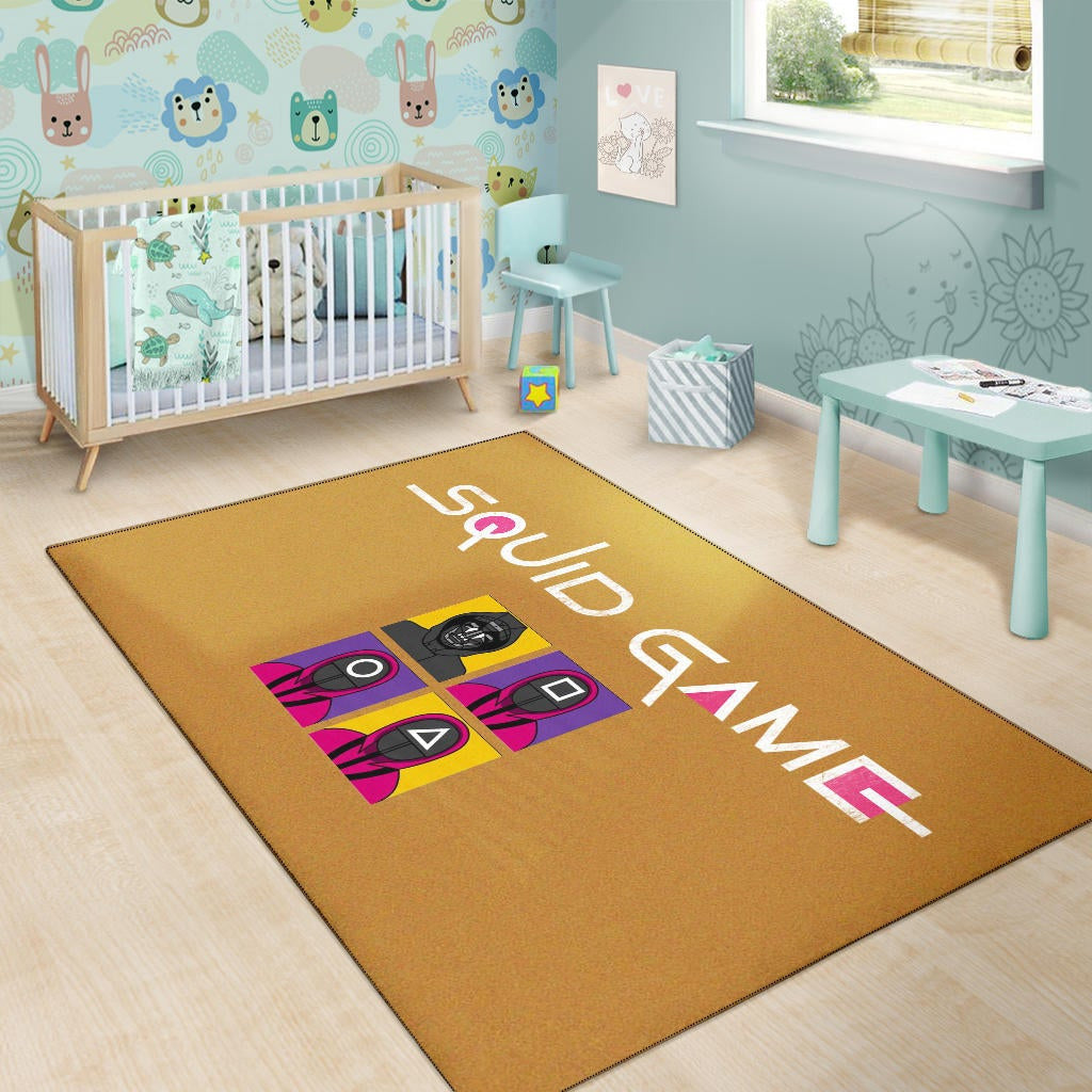Squid Game Movie Area Rug - Squid Workers Round Square Triangle Face And Mask Boss Card Rugs Home Decor