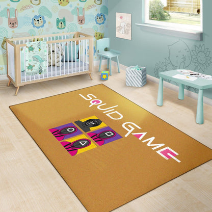 Squid Game Movie Area Rug - Squid Workers Round Square Triangle Face And Mask Boss Card Rugs Home Decor