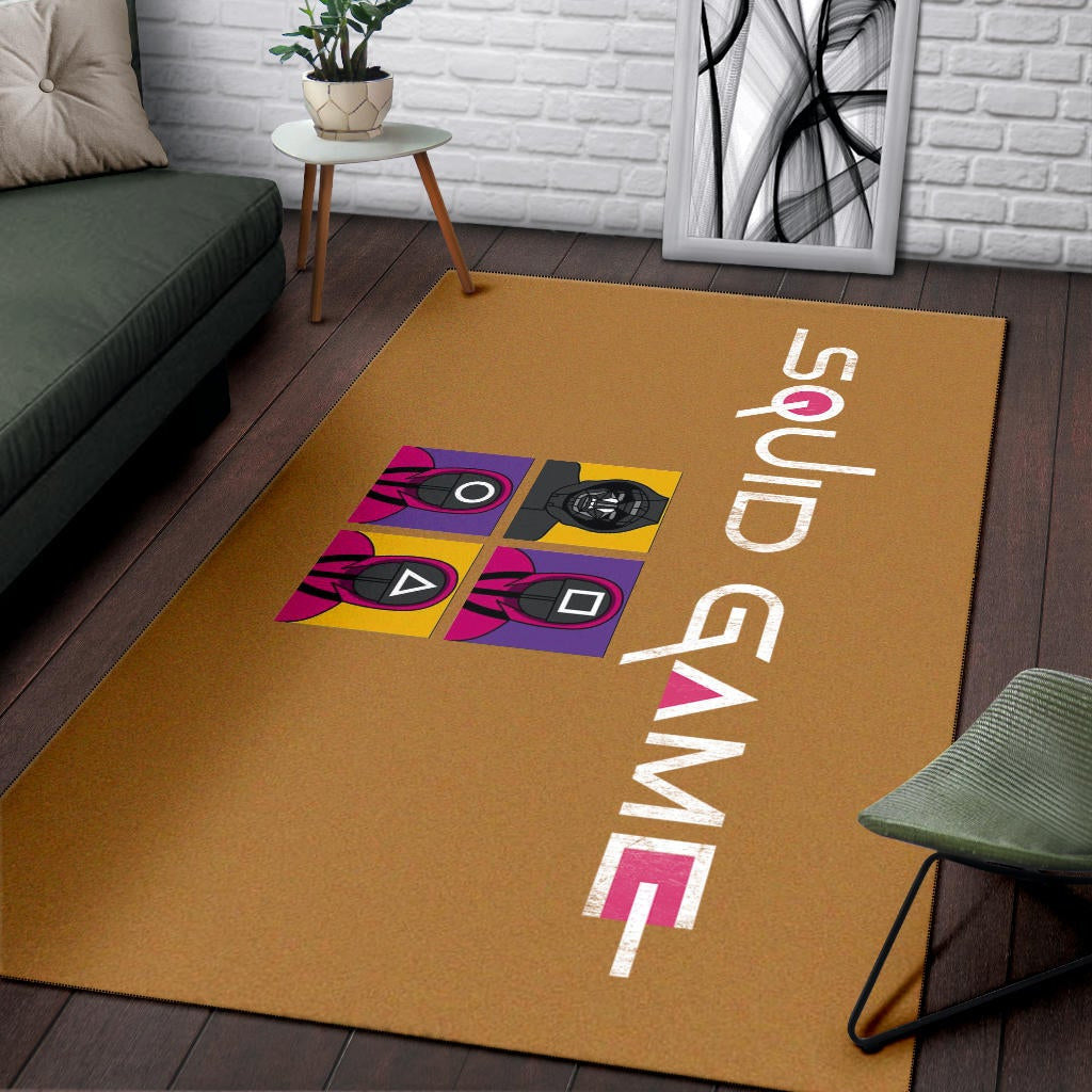 Squid Game Movie Area Rug - Squid Workers Round Square Triangle Face And Mask Boss Card Rugs Home Decor