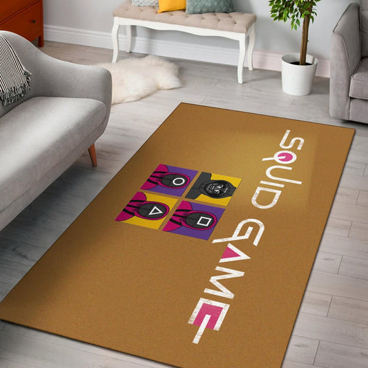 Squid Game Movie Area Rug - Squid Workers Round Square Triangle Face And Mask Boss Card Rugs Home Decor