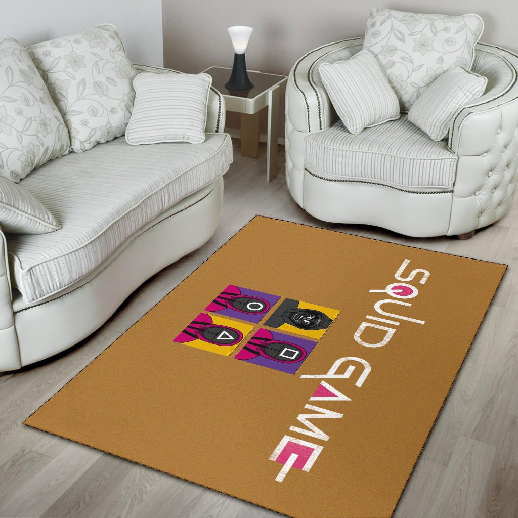 Squid Game Movie Area Rug - Squid Workers Round Square Triangle Face And Mask Boss Card Rugs Home Decor