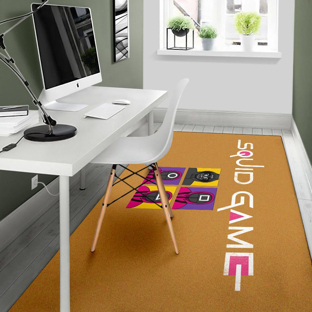 Squid Game Movie Area Rug - Squid Workers Round Square Triangle Face And Mask Boss Card Rugs Home Decor