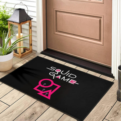Squid Game Movie Door Mat Cute Chibi Squid Workers Standing On Round Square Triangle Stairs Door Mat Home Decor