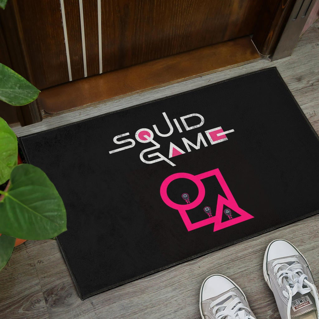 Squid Game Movie Door Mat Cute Chibi Squid Workers Standing On Round Square Triangle Stairs Door Mat Home Decor