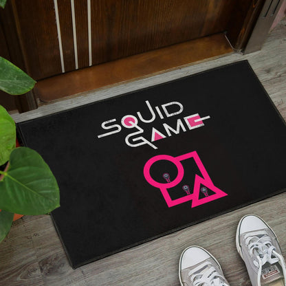 Squid Game Movie Door Mat Cute Chibi Squid Workers Standing On Round Square Triangle Stairs Door Mat Home Decor
