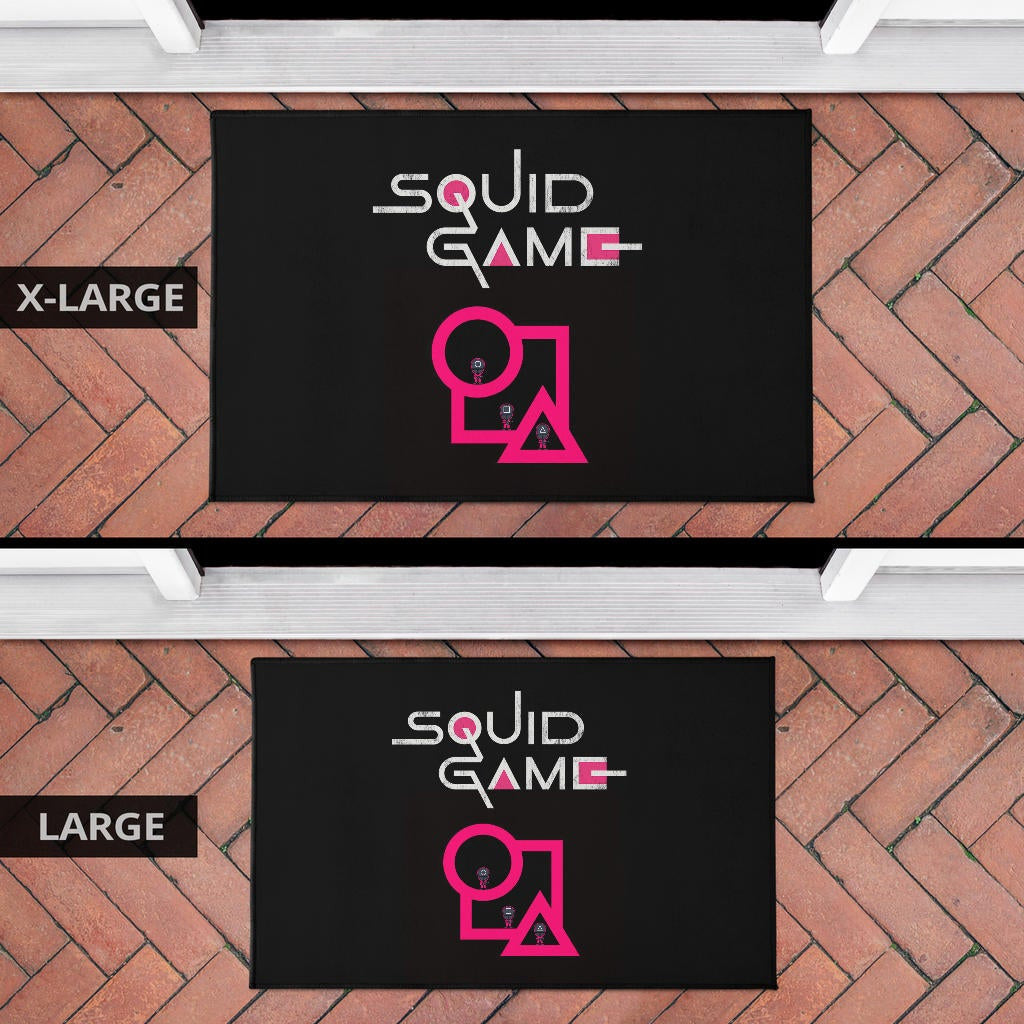 Squid Game Movie Door Mat Cute Chibi Squid Workers Standing On Round Square Triangle Stairs Door Mat Home Decor