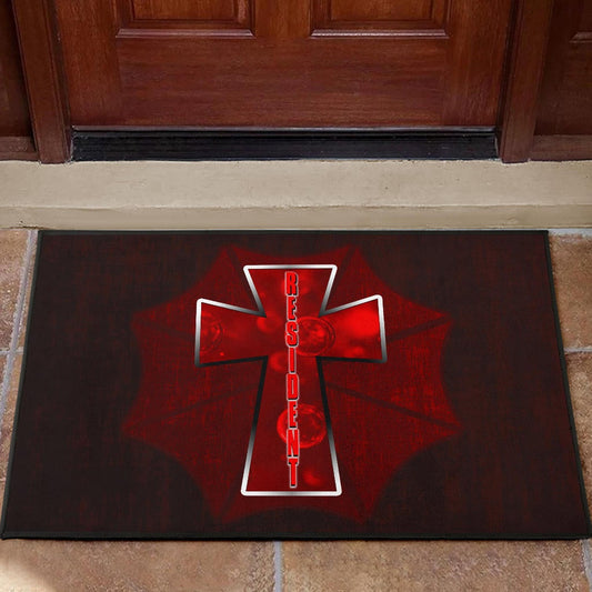 Resident Evil Game Door Mat - Red Umbrella Corporation With Blood In Cross Door Mat Home Decor