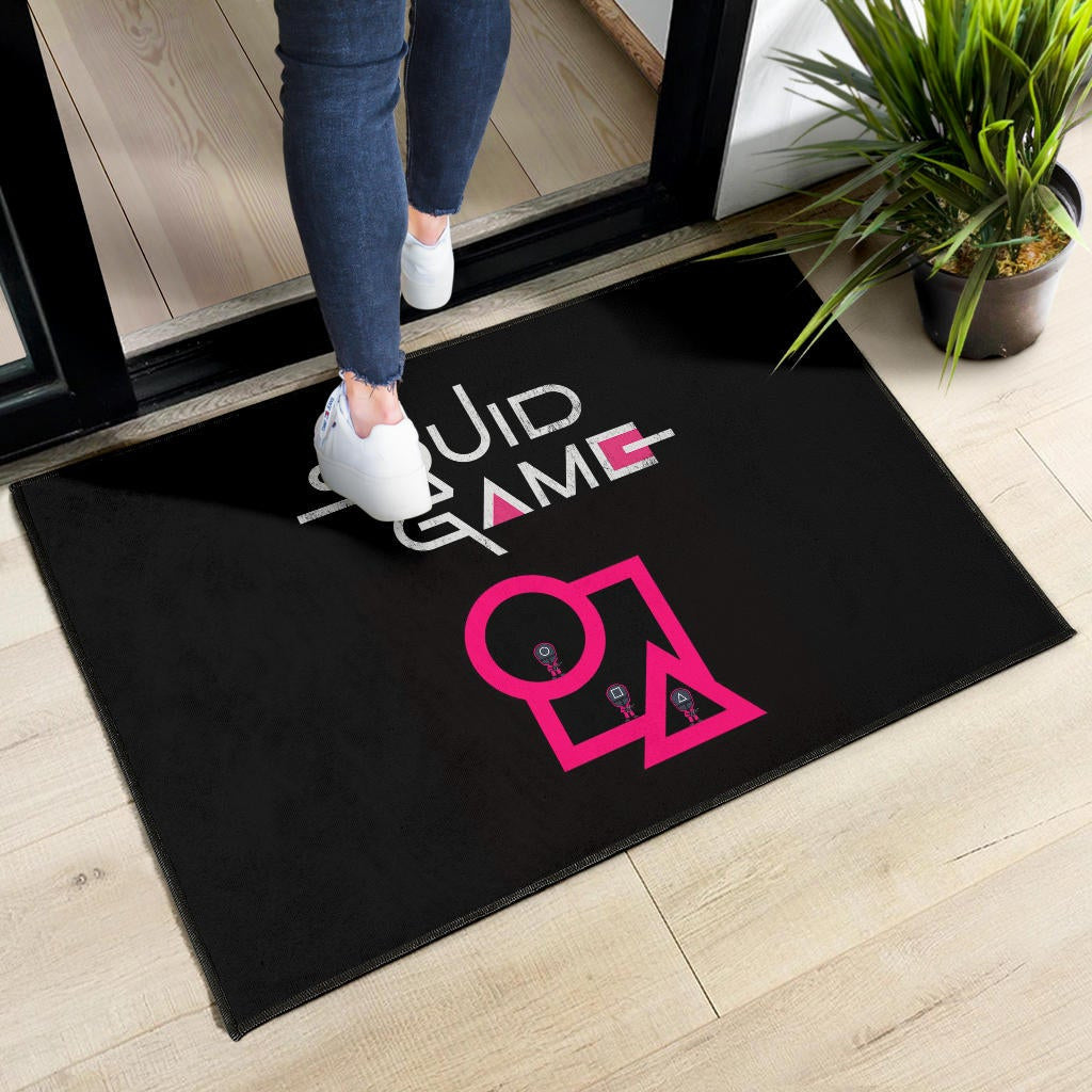 Squid Game Movie Door Mat Cute Chibi Squid Workers Standing On Round Square Triangle Stairs Door Mat Home Decor