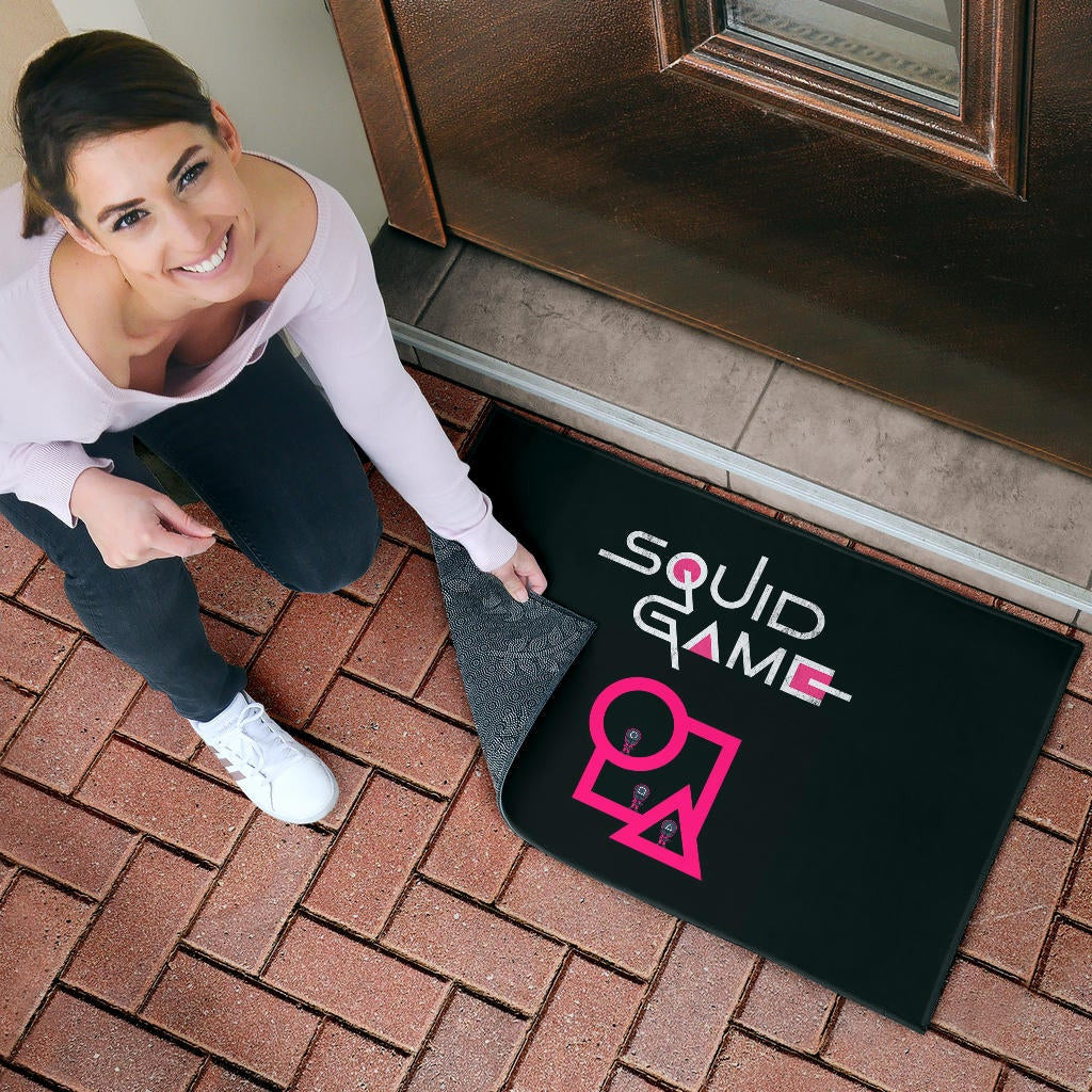 Squid Game Movie Door Mat Cute Chibi Squid Workers Standing On Round Square Triangle Stairs Door Mat Home Decor