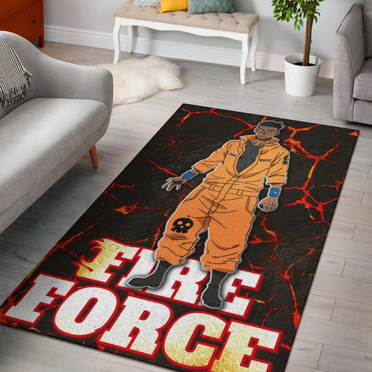 Fire Force Anime Area Rug Ogun Montgomery Wearing Orange Uniform Larsen Background Rugs Home Decor