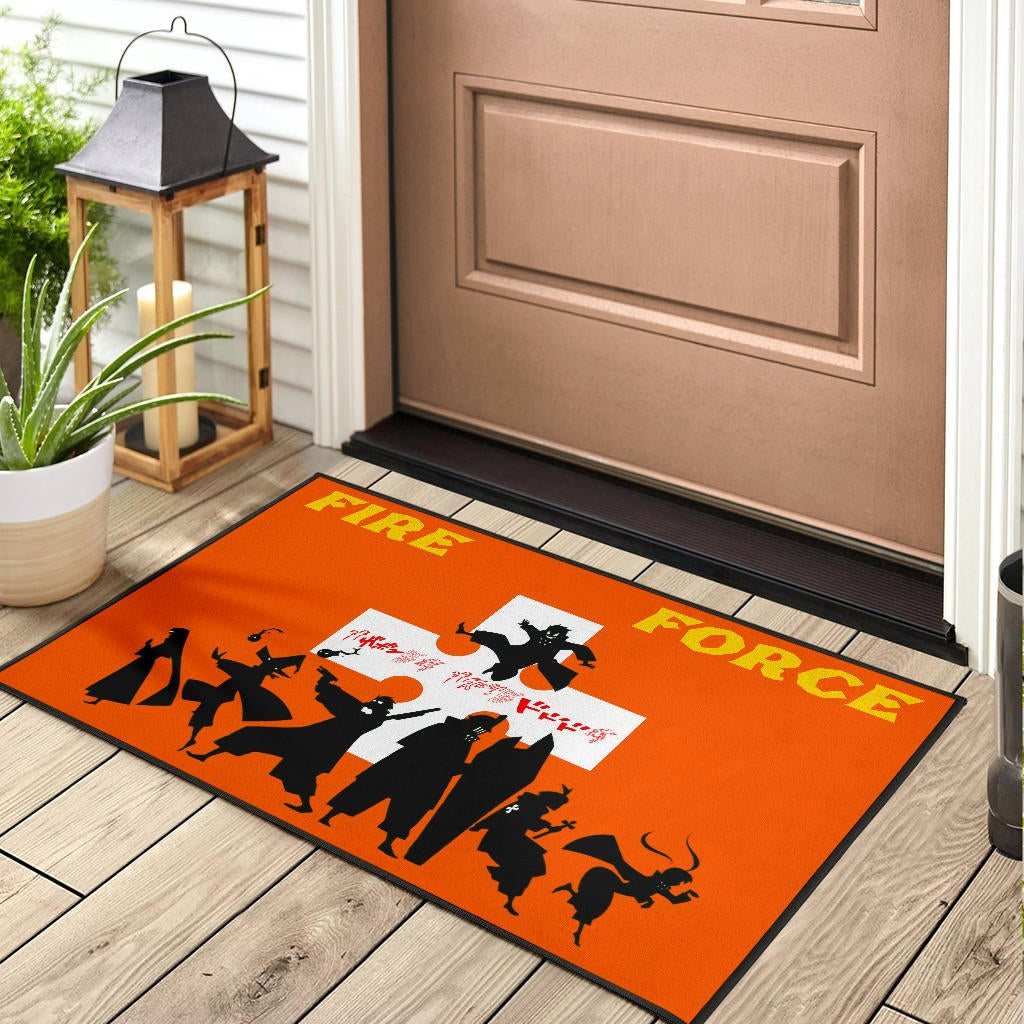 Fire Force Anime Door Mat Characters Silhouette Fighting Orange Yellow Text Door Mat Home Decor