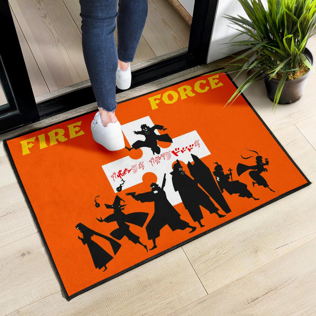 Fire Force Anime Door Mat Characters Silhouette Fighting Orange Yellow Text Door Mat Home Decor