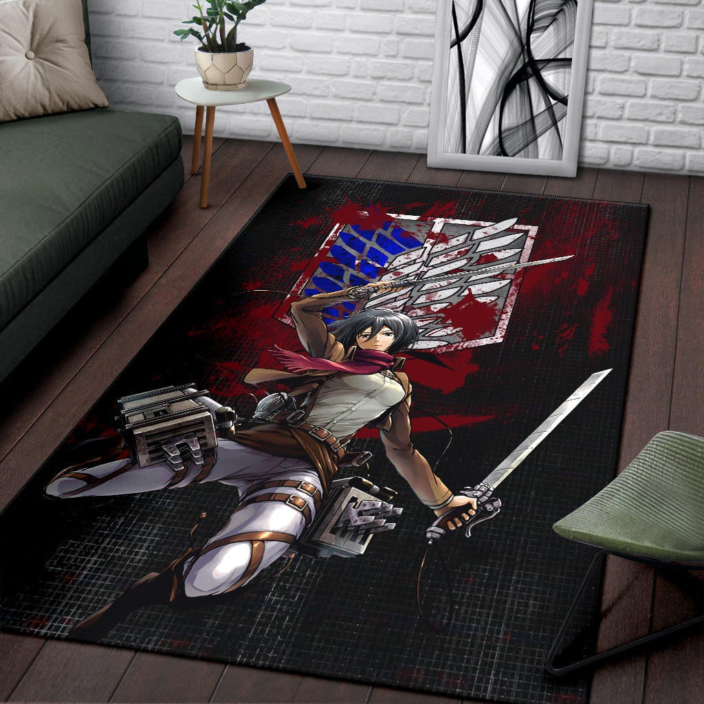 Attack On Titan Anime Area Rug - Mikasa Fighting Bloody Wings Of Freedom Symbol Rugs Home Decor