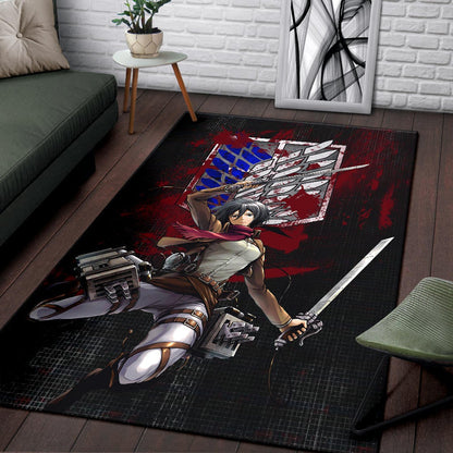 Attack On Titan Anime Area Rug - Mikasa Fighting Bloody Wings Of Freedom Symbol Rugs Home Decor