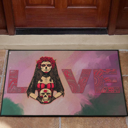 Valentine Door Mat - Roses Mandala Bride With Skull Love Door Mat