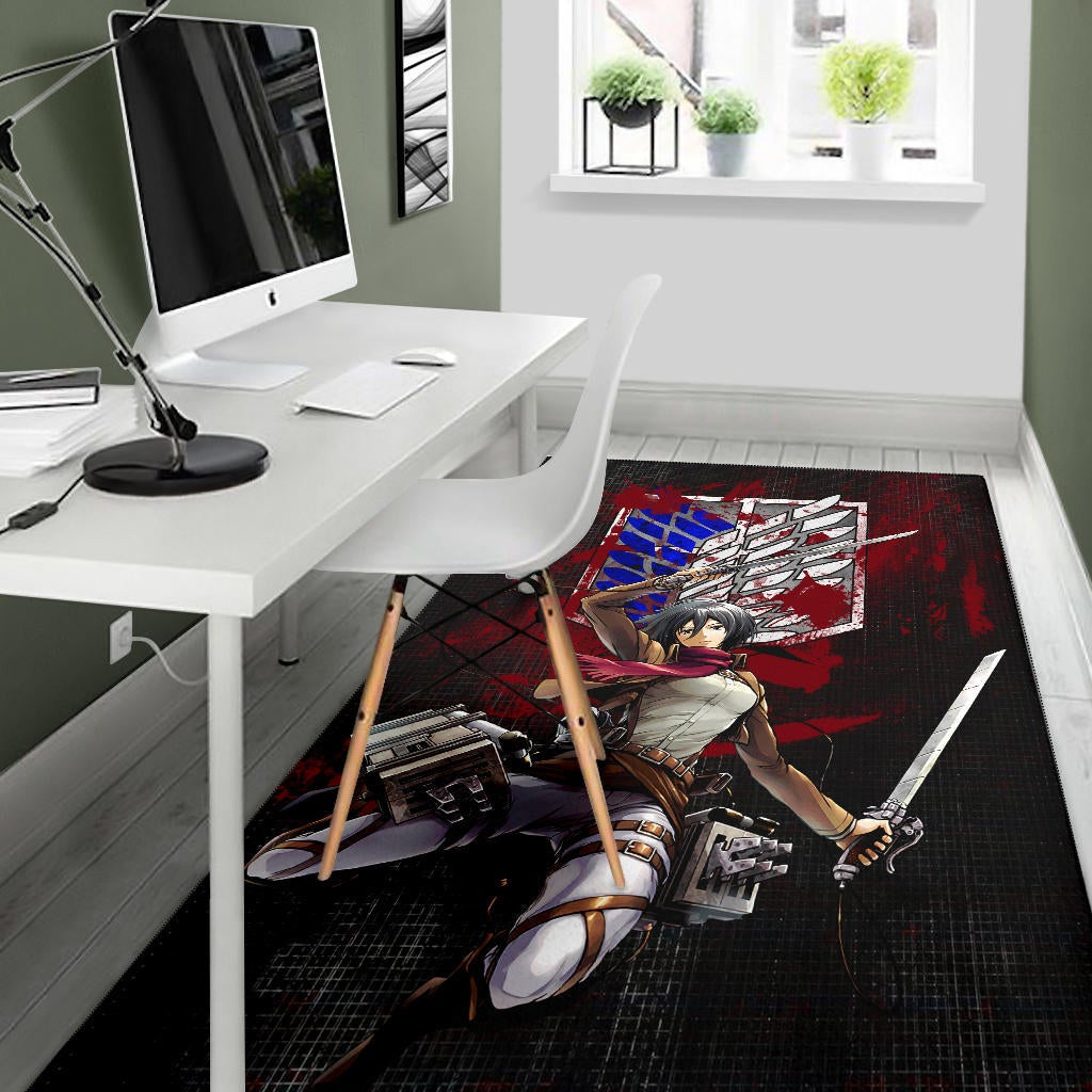 Attack On Titan Anime Area Rug - Mikasa Fighting Bloody Wings Of Freedom Symbol Rugs Home Decor