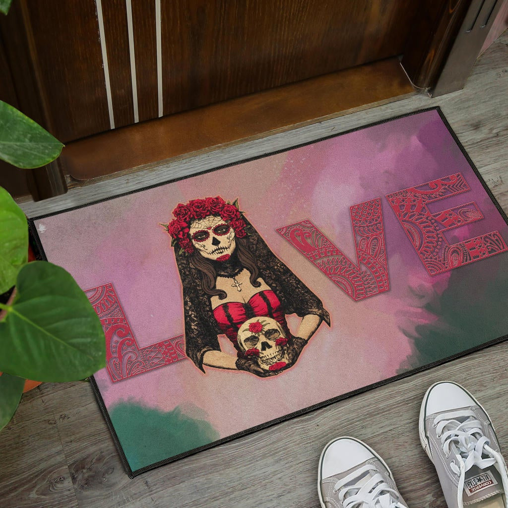 Valentine Door Mat - Roses Mandala Bride With Skull Love Door Mat