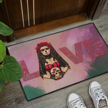 Valentine Door Mat - Roses Mandala Bride With Skull Love Door Mat