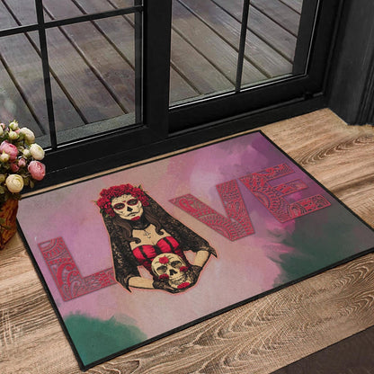 Valentine Door Mat - Roses Mandala Bride With Skull Love Door Mat