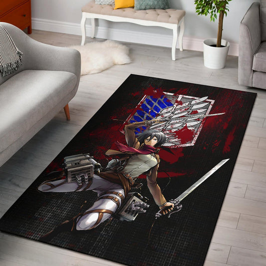 Attack On Titan Anime Area Rug - Mikasa Fighting Bloody Wings Of Freedom Symbol Rugs Home Decor