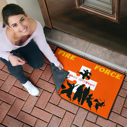 Fire Force Anime Door Mat Characters Silhouette Fighting Orange Yellow Text Door Mat Home Decor