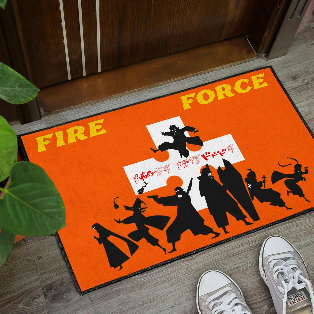 Fire Force Anime Door Mat Characters Silhouette Fighting Orange Yellow Text Door Mat Home Decor