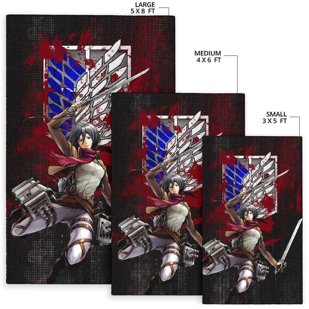 Attack On Titan Anime Area Rug - Mikasa Fighting Bloody Wings Of Freedom Symbol Rugs Home Decor