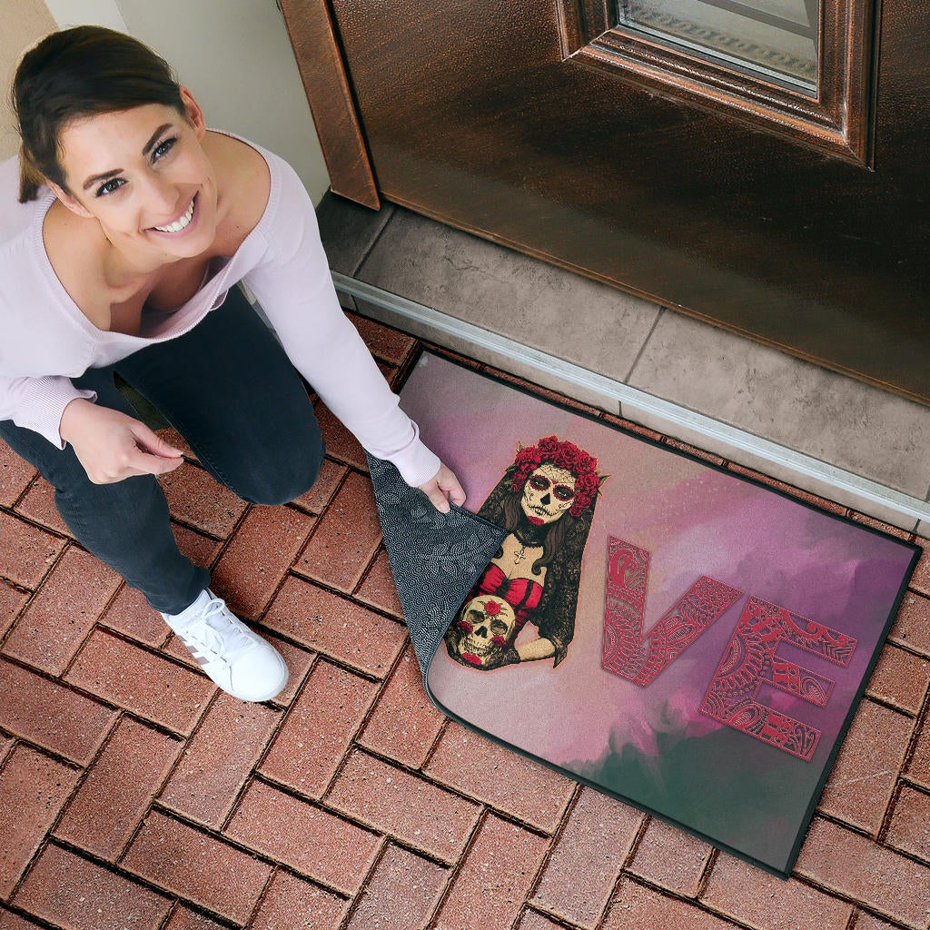 Valentine Door Mat - Roses Mandala Bride With Skull Love Door Mat