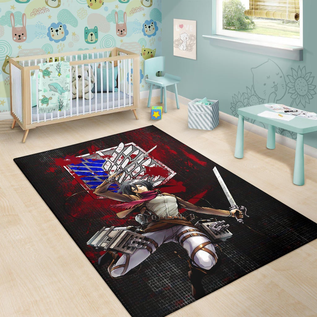 Attack On Titan Anime Area Rug - Mikasa Fighting Bloody Wings Of Freedom Symbol Rugs Home Decor
