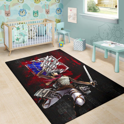 Attack On Titan Anime Area Rug - Mikasa Fighting Bloody Wings Of Freedom Symbol Rugs Home Decor