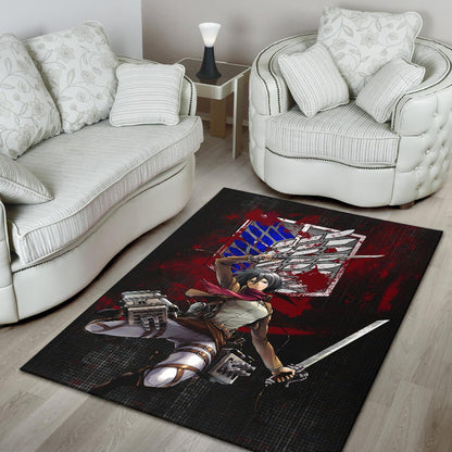Attack On Titan Anime Area Rug - Mikasa Fighting Bloody Wings Of Freedom Symbol Rugs Home Decor