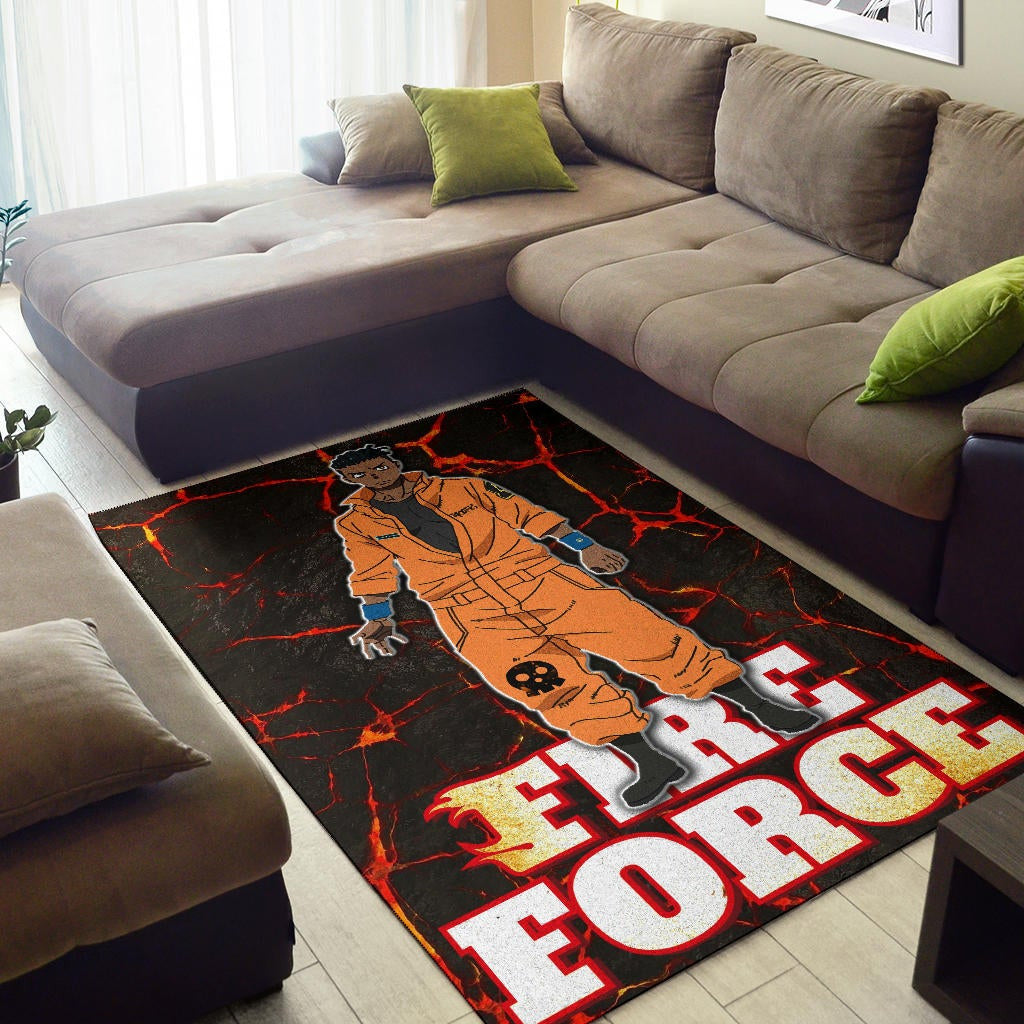 Fire Force Anime Area Rug Ogun Montgomery Wearing Orange Uniform Larsen Background Rugs Home Decor