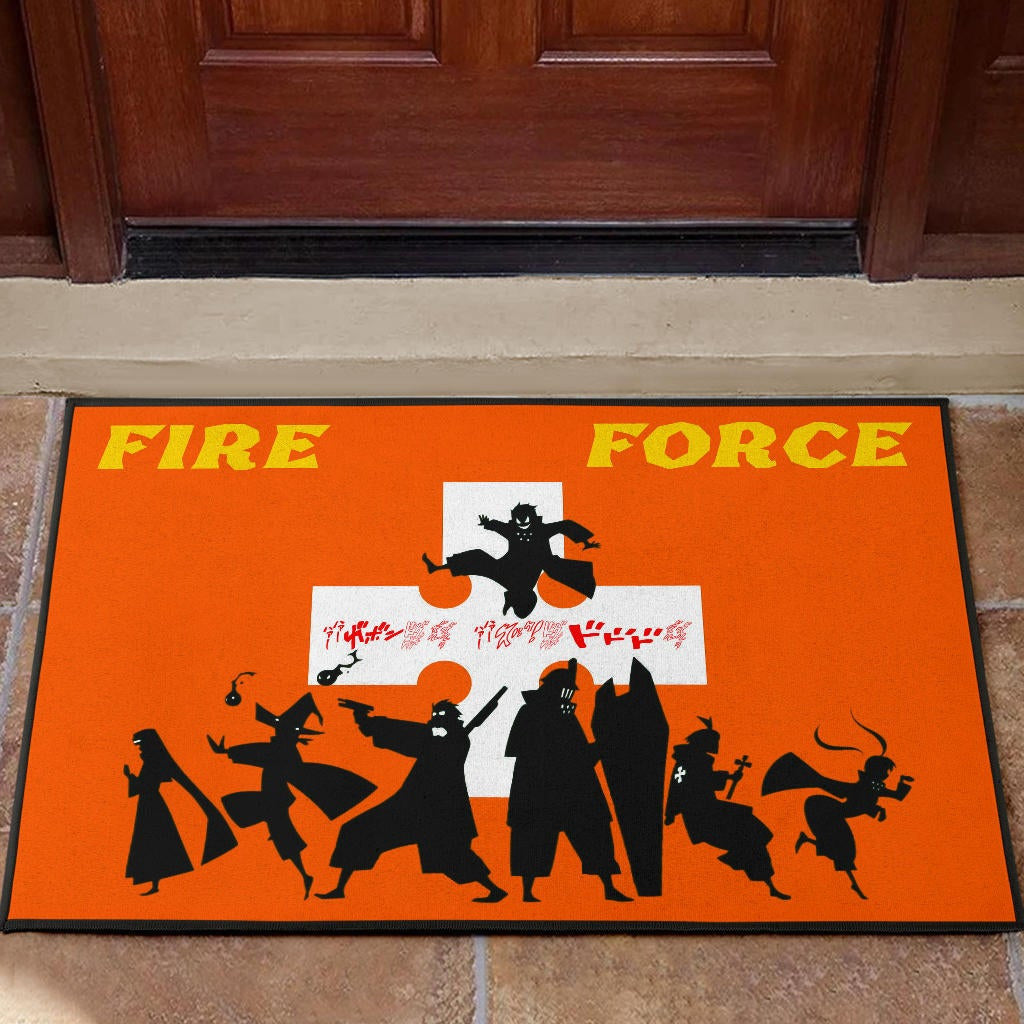 Fire Force Anime Door Mat Characters Silhouette Fighting Orange Yellow Text Door Mat Home Decor