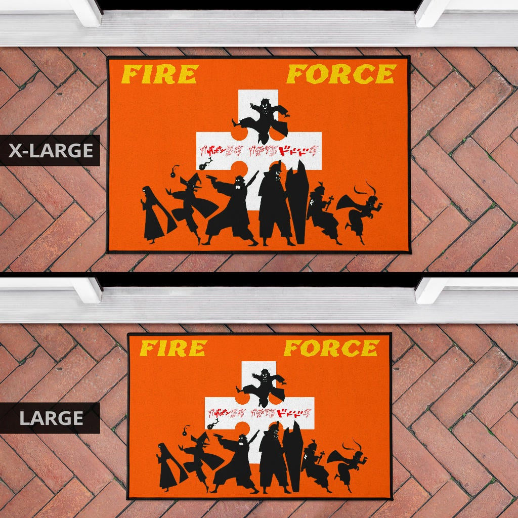 Fire Force Anime Door Mat Characters Silhouette Fighting Orange Yellow Text Door Mat Home Decor